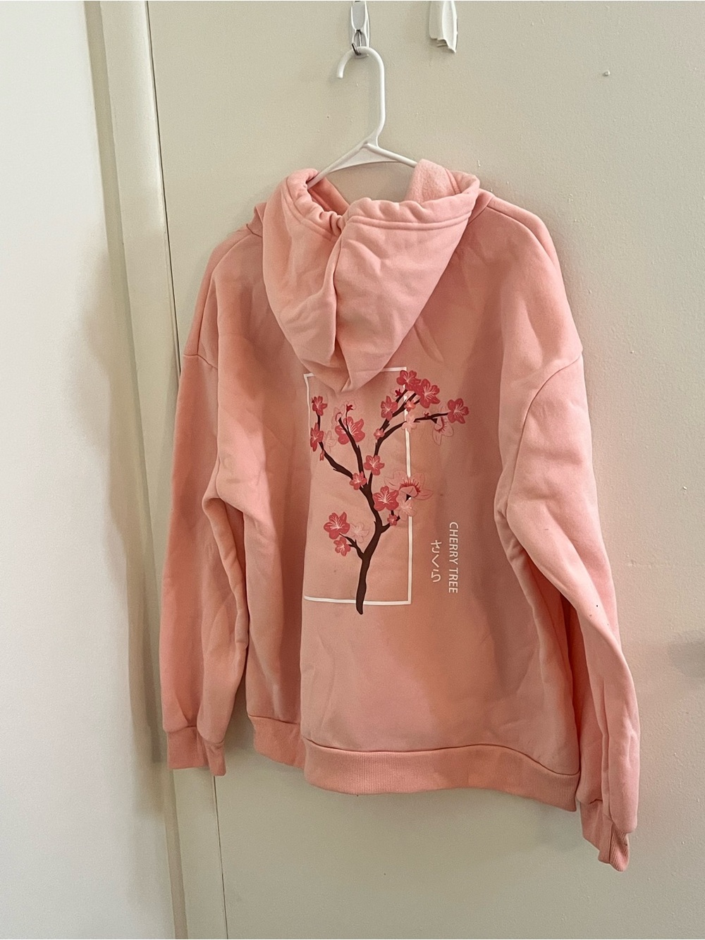 SHEIN Large Pink Cherry Blossom Graphic Hoodie Drawstring